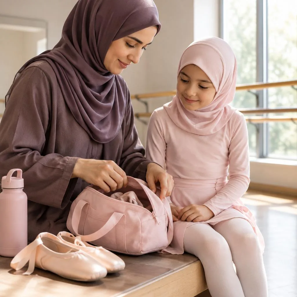 أم وطفلتها تجهّزان حقيبة الباليه قرب نافذة مضيئة قبل الحصة